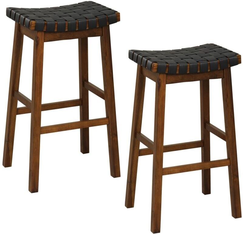 COSTWAY Set of 2 Woven Saddle Stools Faux PU Leather Counter Height Stools 78cm Barstool