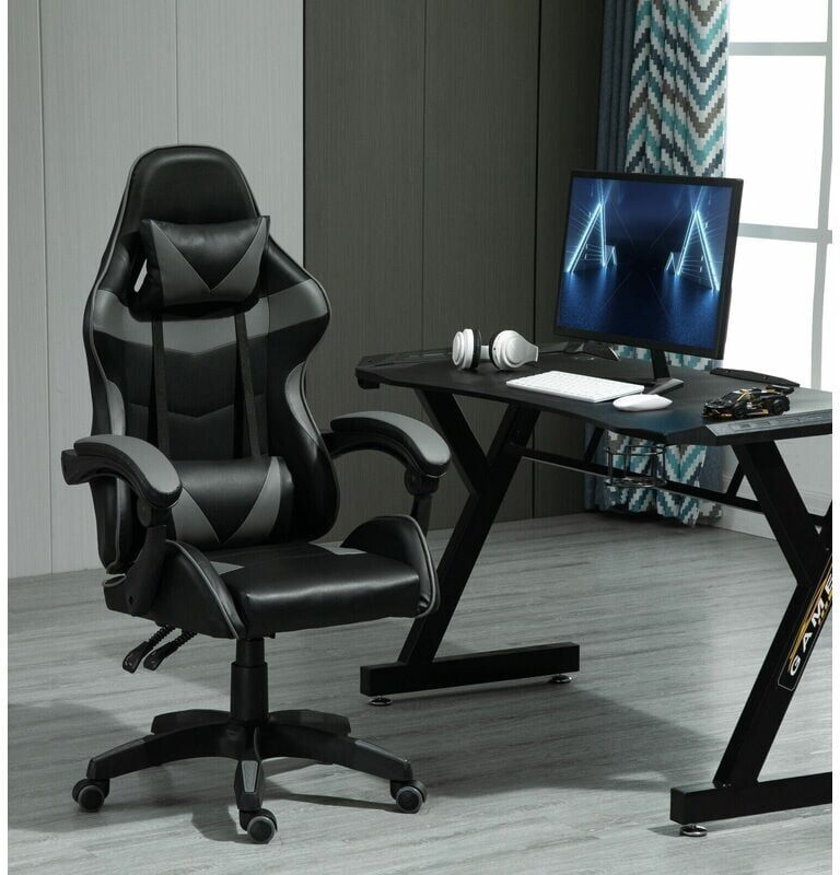 Mcc Direct - Swivel Gaming Chair Faux Leather Home Office Chair Sports Desk Tilt Chair a grey
