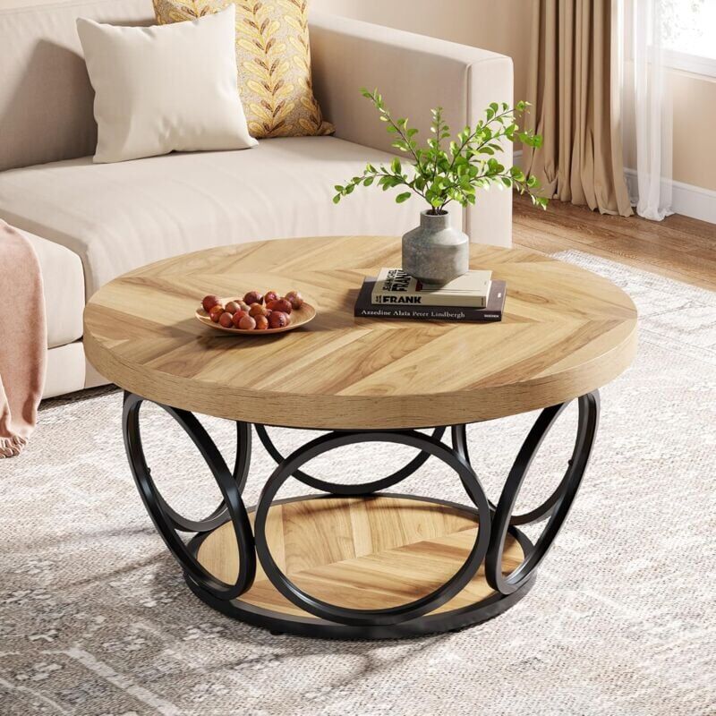 Tribesigns Round Coffee Table,80cm Round Wood Center Table, Farmhouse Large Circle Coffee Tables with 2-Tier Storage, Modern Simple Brown Tea Table