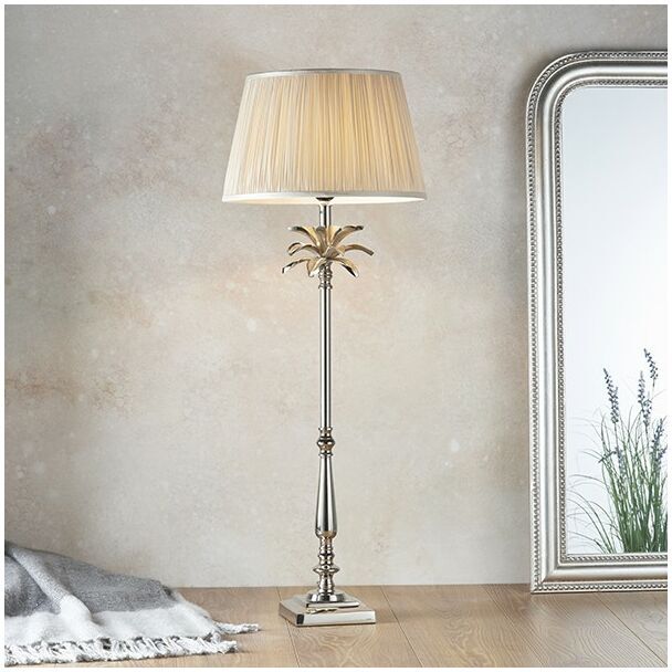 Lighting Leaf & Freya - Table Lamp Polished Nickel Plate & Oyster Silk 1 Light IP20 - E27 - Endon