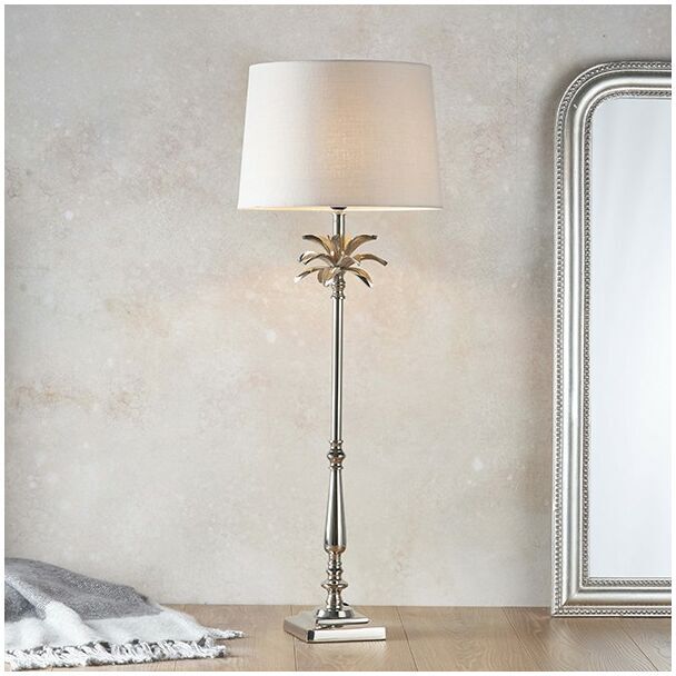 Lighting Leaf & Mia - Table Lamp Polished Nickel Plate & Natural Linen 1 Light IP20 - E27 - Endon