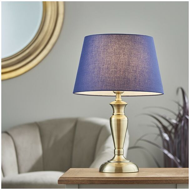 Lighting Oslo & Evie - Table Lamp Antique Brass Plate & Navy Cotton 1 Light IP20 - E27 - Endon