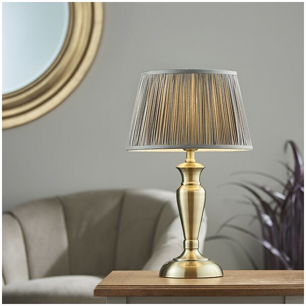 Lighting Oslo & Freya - Table Lamp Antique Brass Plate & Charcoal Grey Silk 1 Light IP20 - E27 - Endon