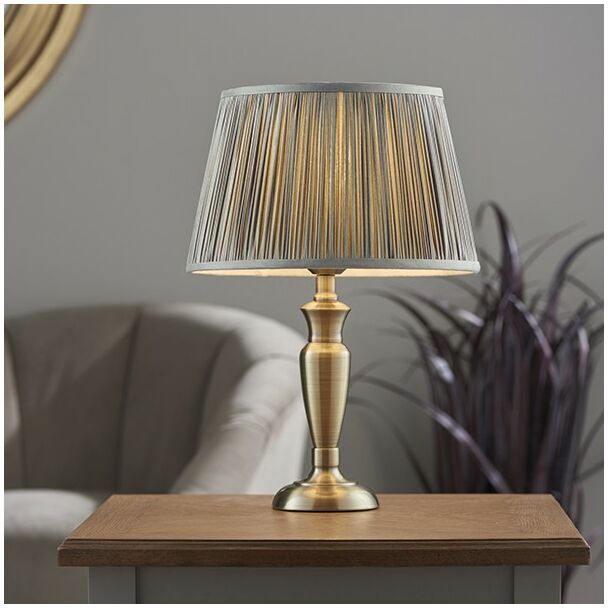 Lighting Oslo & Freya - Table Lamp Antique Brass Plate & Charcoal Grey Silk 1 Light IP20 - E27 - Endon