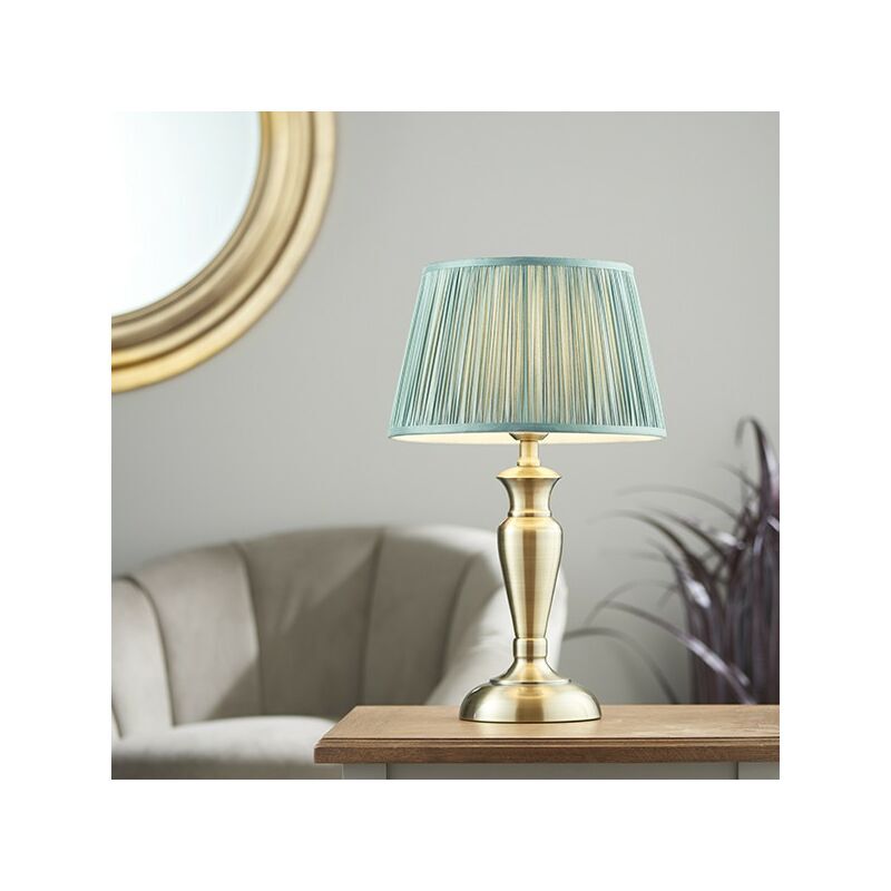 Lighting Oslo & Freya - Table Lamp Antique Brass Plate & Fir Silk 1 Light IP20 - E27 - Endon