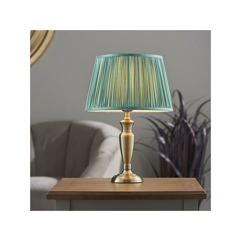 Lighting Oslo & Freya - Table Lamp Antique Brass Plate & Fir Silk 1 Light IP20 - E27 - Endon