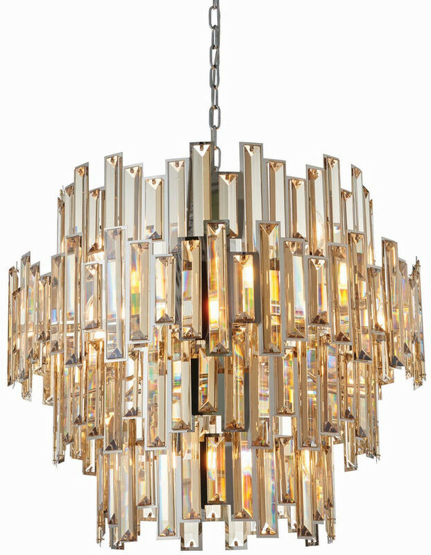 Lighting Viviana - Pendant Chrome Effect Plate & Champagne Crystal (K9) Drops 15 Light Dimmable IP20 - E14 - Endon