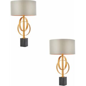 LOOPS 2 pack Antique Gold Table Lamp & Mink Satin Shade - Black Marble Base Desk Light