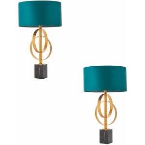 LOOPS 2 pack Antique Gold Table Lamp & Teal Satin Shade - Black Marble Base Desk Light