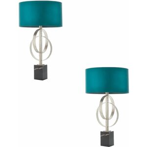 LOOPS 2 pack Antique Silver Table Lamp & Teal Satin Shade Black Marble Base Desk Light