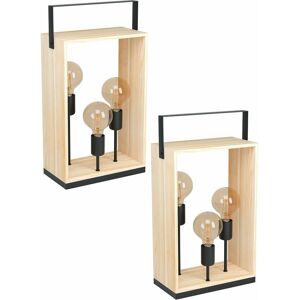 LOOPS 2 pack Table Lamp Desk Light Black & Natural Steel & Wood Box 3x 40W E27