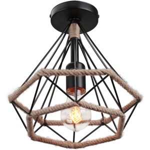 WOTTES Vintage Ceiling Light Black Cage Diamond Ceiling Lamp Metal Hemp Rope Pendant Light - 1 Pcs