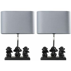 VALUELIGHTS 2 x Black Three Wise Monkeys Table Lamps Grey Shade - No Bulb