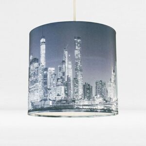 FIRST CHOICE LIGHTING 20cm Lamp Shade Ceiling Light Digital Printed Fabric New York Skyline At Night - Blue manhattan skyline digital print