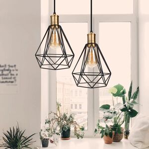 AXHUP 2X Pendant Lighting Fitting, Vintage Industrial Metal Hanging Ceiling Lamp, Retro Classic Simple Chandelier with Diamond Cage Lampshade