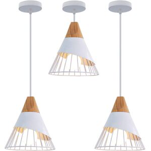 Wottes - 3 Pack Modern Ceiling Pendant Light Metal Wooden Badminton Hanging Lamp Shade