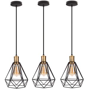 Wottes - 3 Pcs Vintage Industrial Ceiling Hanging Light Black Metal Cage Pendant Lamp Shade Indoor Chandelier