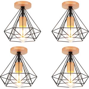 Axhup - 4 Pack Diamond Shape Ceiling Light Industrial E27 25cm Lampe Ceiling Light in Wood Metal for Corridor Stairs Entrance Bedroom Black