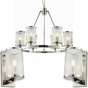 LOOPS 6 Lamp Ceiling & 2x Matching Wall Light Pack Bright Nickel & Ribbed Glass Shade