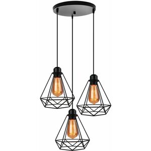 Wottes - 3-Light Industrial Pendant Ceiling Light Black Metal Cage Chandelier Inner Hanging Lamp Round Base