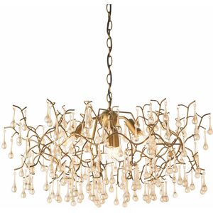 LOOPS Aged Gold Branch Ceiling Chandelier - Glass Droplets - Decorative Light Fitting