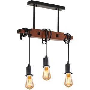 COMELY Retro Wooden Pendant Light, E27 Socket, with 3 Lighting Heads, Adjustable 120cm Cable, for Kitchen, Dining Room, Café, Bar - Brown (Bulb Not