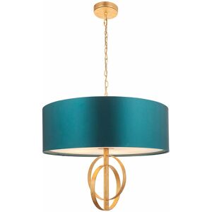 LOOPS Antique Gold Ceiling Pendant Light & Teal Satin Shade - 5 Bulb Hanging Fitting