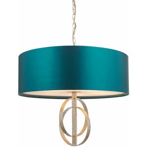 LOOPS Antique Silver Ceiling Pendant Light & Teal Satin Shade - 5 Bulb Hanging Fitting