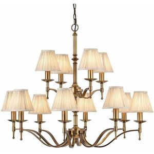 LOOPS Avery Ceiling Pendant Chandelier Light 12 Lamp Antique Brass & Beige Pleat Shade
