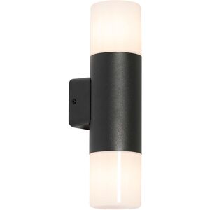 QAZQA Outdoor wall lamp black with opal shade 2-light IP44 - Odense - Black