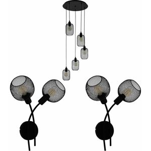 LOOPS Ceiling Pendant Light & 2x Matching Wall Lights Black Metal Mesh Multi Lamp