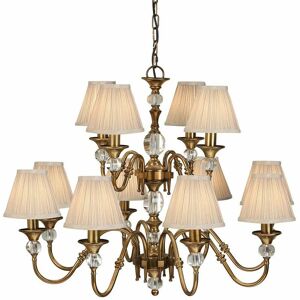 LOOPS Diana Ceiling Pendant Chandelier Antique Brass & Beige Pleat Shade 12 Lamp Light