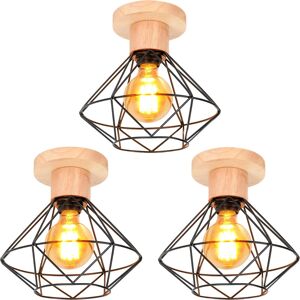 WOTTES E27 Industrial Ceiling Light Fixture Metal Wooden Pendant Lamp Geometric Cage Hanging Lamp 3 Pcs