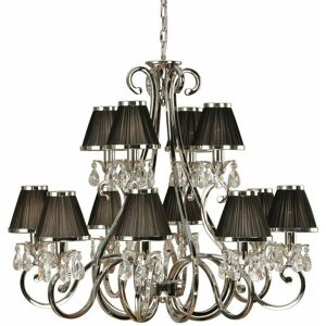 LOOPS Esher Ceiling Pendant Chandelier Nickel Crystal & Black Shades 12 Lamp Light