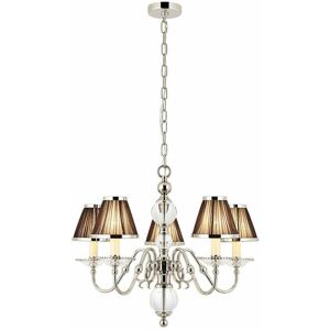 LOOPS Flemish Ceiling Pendant Chandelier Polished Nickel & Brown Shades 9 Lamp Light