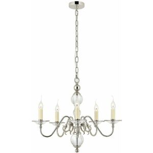 LOOPS Flemish Ceiling Pendant Chandelier Polished Nickel & Crystal Curved 5 Lamp Light