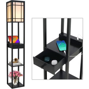 Floor Lamp,3-Tier Wooden Shelf,Standing Light with Display Shelves, Black, Without Bulb, 2 usb Charging Ports,1 Small Drawer - Black - Puluomis