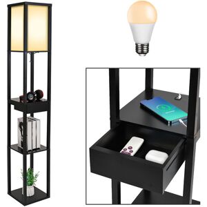 Floor Lamp,3-Tier Wooden Shelf,Standing Light with Display Shelves, Black, With Bulb, 2 usb Charging Ports,1 Small Drawer - Black - Puluomis