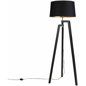 QAZQA Floor lamp tripod with cotton shade black with gold 50 cm - Puros - Black