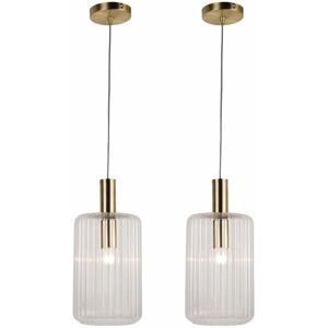 FIRST CHOICE LIGHTING Set of 2 Fluted Glass Design Pendant Fitting Finished with Clear Glass and Bronze Effect Colour - Bronze plate and clear glass