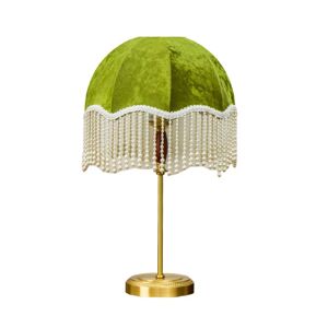 French Vintage Bedroom Bedside Lamp with Pearl Tassel, Velvet Material, Emerald Green, Tri-Color Lighting Denuotop