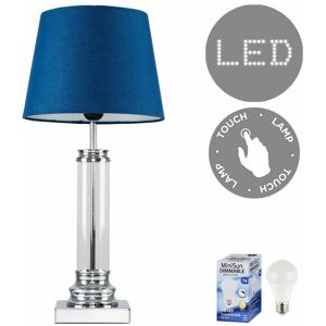 Valuelights - Glass Column Touch Table Lamp Small Tapered Shade & led Bulb - Navy Blue