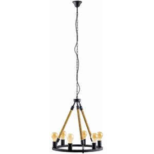 LOOPS Hanging Ceiling Pendant Light Black & Rope 6x 60W E27 Round Feature Chandelier