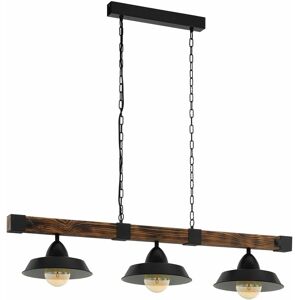 Loops - Hanging Ceiling Pendant Light Black & Rustic Wood 3 Bulb Kitchen Island Dining