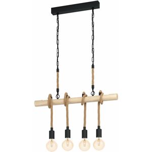 Loops - Hanging Ceiling Pendant Light Black & Wood / Rope 4x E27 Kitchen Island Lamp