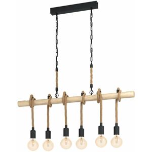 Loops - Hanging Ceiling Pendant Light Black & Wood / Rope 6x E27 Kitchen Island Lamp