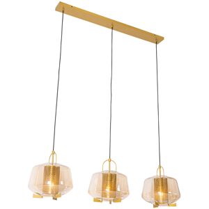 QAZQA Hanging lamp gold with amber glass 30 cm oblong 3-light - Kevin - Gold/Messing