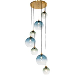 QAZQA Art Deco Hanging lamp brass with blue glass round 7-light - Sandra - Brass