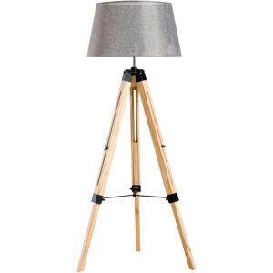 Tripod Floor Lamp w/ Linen Shade Pinewood Legs Adjustable Height Grey - Grey - Homcom
