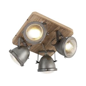 QAZQA Industrial spot steel with wood tiltable 4-light - Emado - Grey